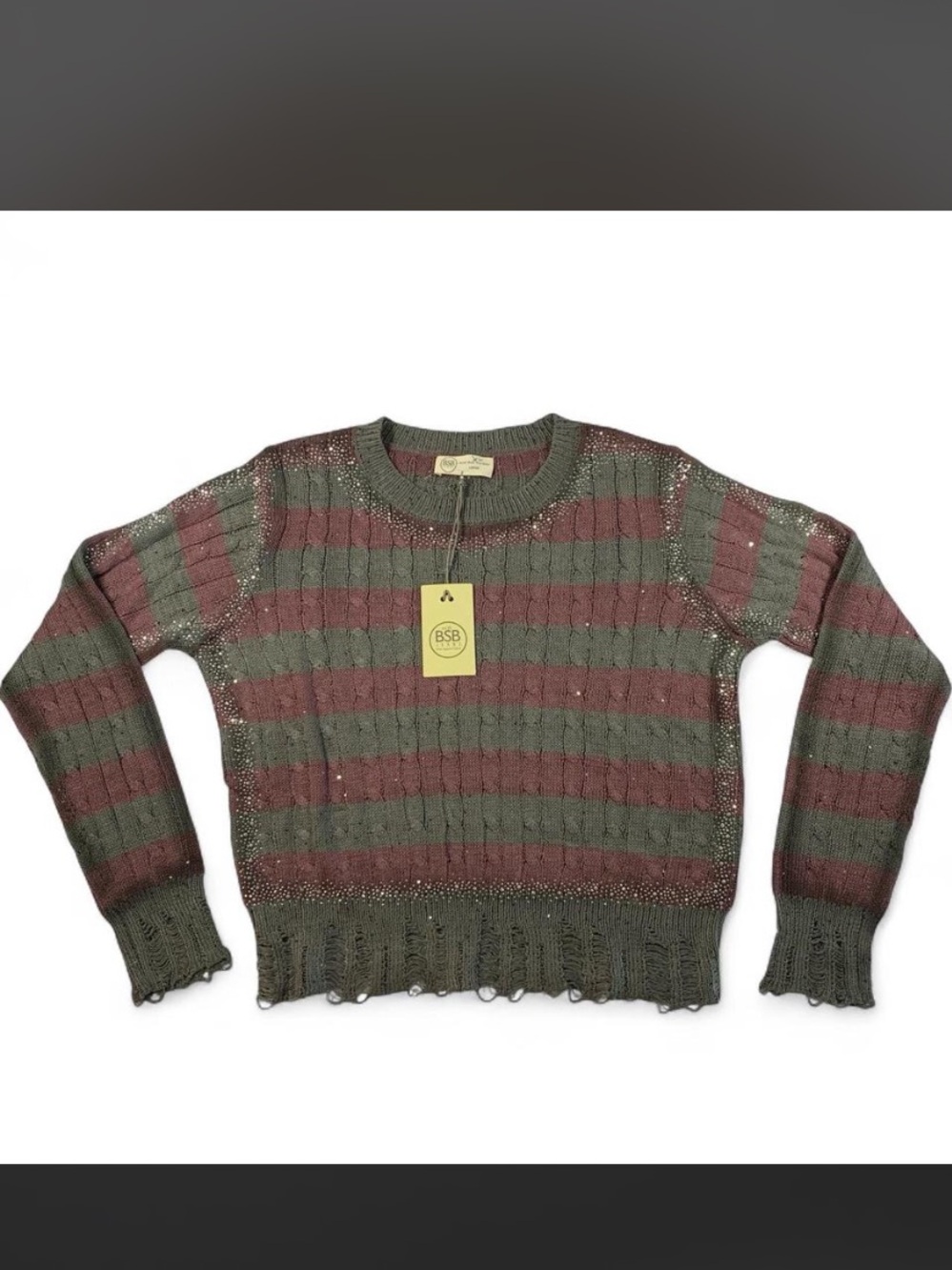 NWT BSB Rhinestone Sweater Size L⁠ Grey Burgundy Distressed Striped Cable Knit